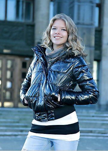 Beauty comes home after a walk and reveals her perky nipples