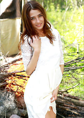 Camping is nice place for skinny minx to show her naked body