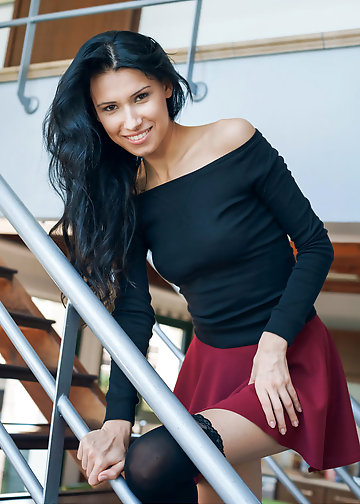 Bitch shows small titties and butt with mild tan lines on stairs